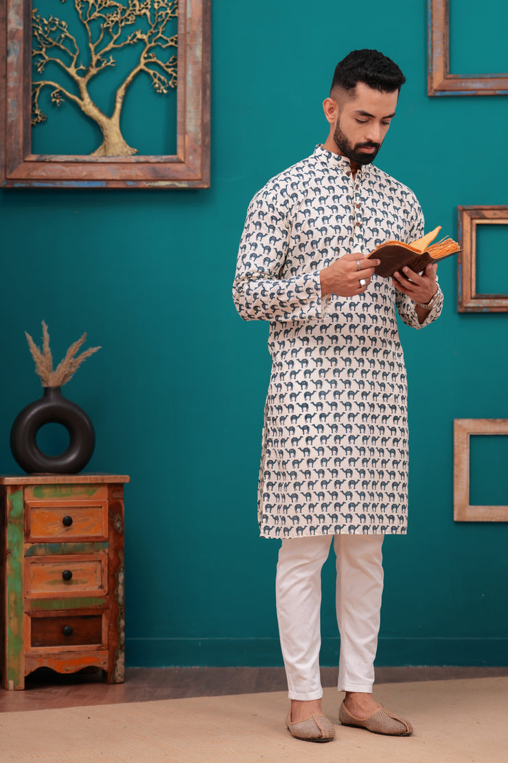 Men's Jaipur Ethnic Elephant Print Kurta – Beige with Navy Motif