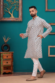 Men's Jaipur Ethnic Elephant Print Kurta – Beige with Navy Motif