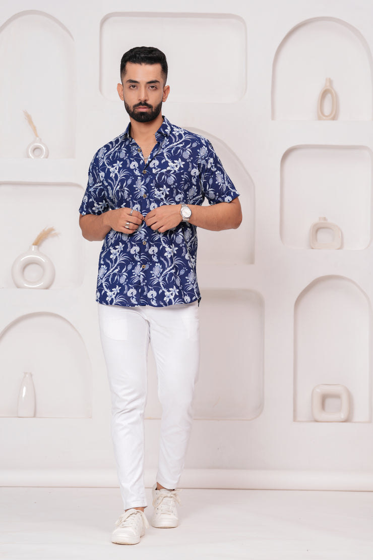 Men's Jaipur Blue Floral Print Shirt – Elegant White Botanical Design