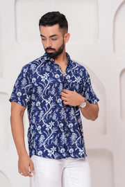 Men's Jaipur Blue Floral Print Shirt – Elegant White Botanical Design