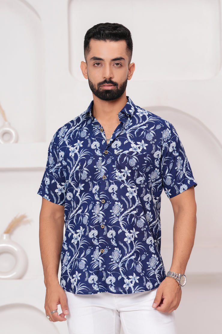 Men's Jaipur Blue Floral Print Shirt – Elegant White Botanical Design