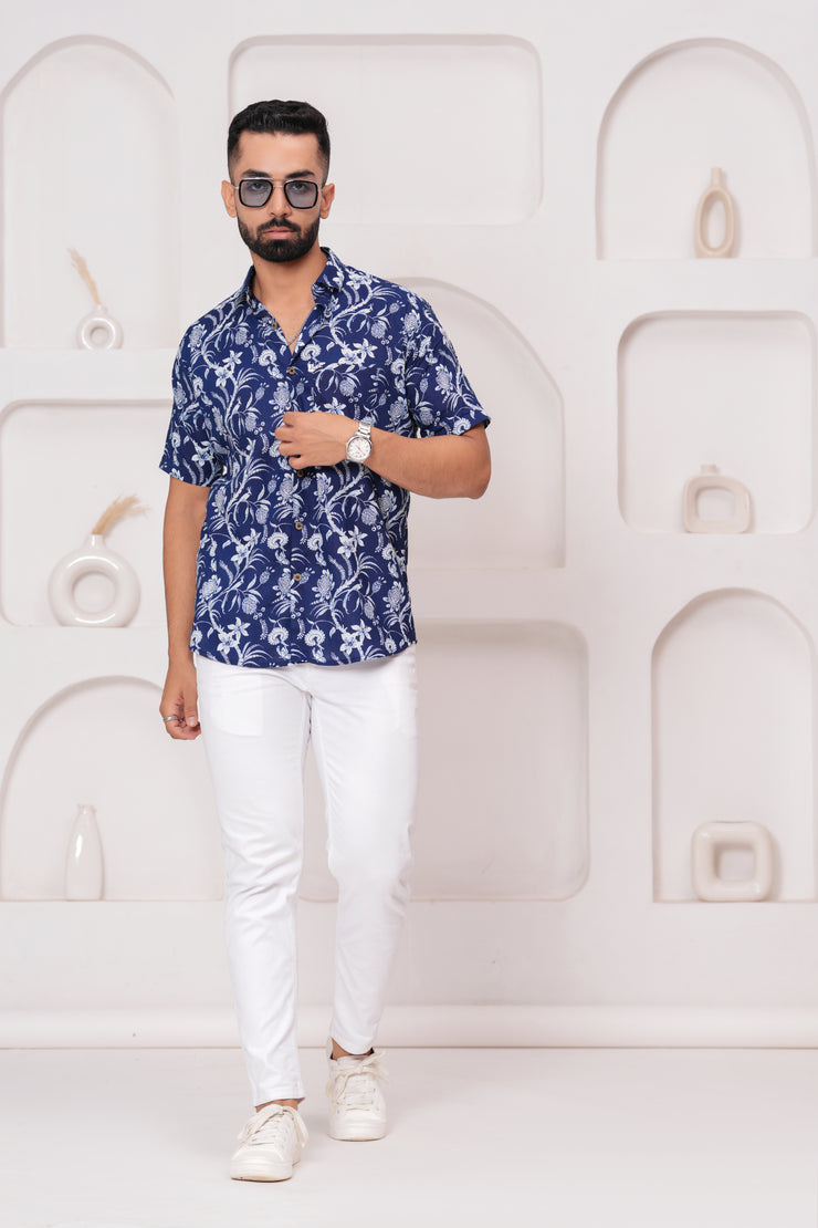 Men's Jaipur Blue Floral Print Shirt – Elegant White Botanical Design