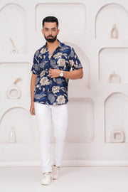 Men's Jaipur Navy Floral Print Shirt – Beige and Blue Botanical Design