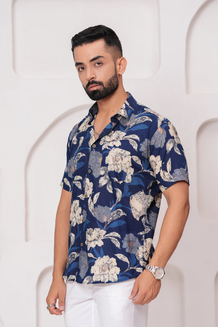 Men's Jaipur Navy Floral Print Shirt – Beige and Blue Botanical Design