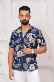 Men's Jaipur Navy Floral Print Shirt – Beige and Blue Botanical Design