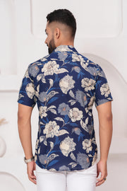 Men's Jaipur Navy Floral Print Shirt – Beige and Blue Botanical Design