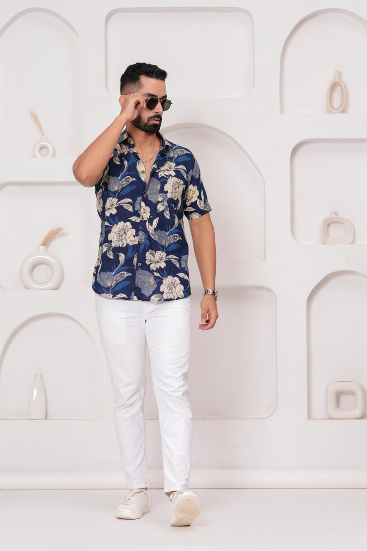 Men's Jaipur Navy Floral Print Shirt – Beige and Blue Botanical Design