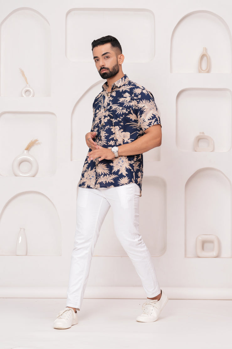 Men's Jaipur Navy Floral Print Shirt – Beige Botanical Design