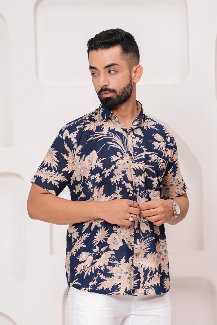 Men's Jaipur Navy Floral Print Shirt – Beige Botanical Design