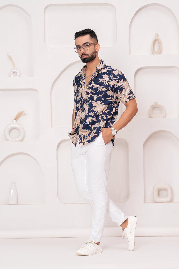 Men's Jaipur Navy Floral Print Shirt – Beige Botanical Design