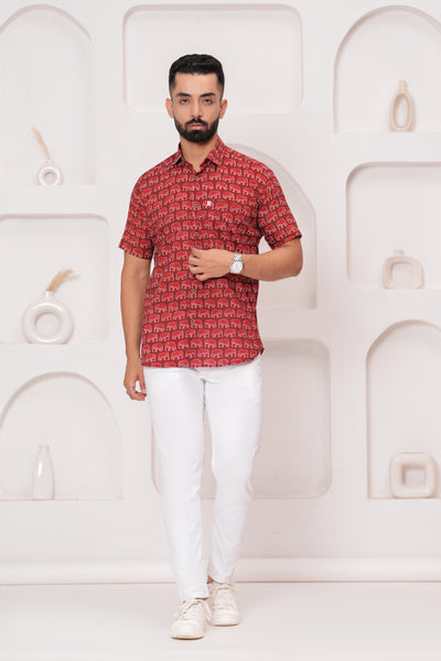 Men's Jaipur Red Elephant Print Shirt – Traditional Ethnic Design