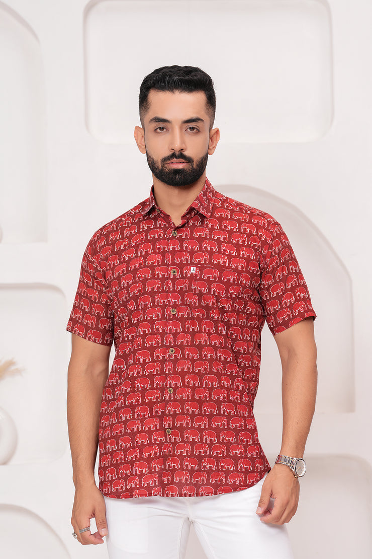 Men's Jaipur Red Elephant Print Shirt – Traditional Ethnic Design