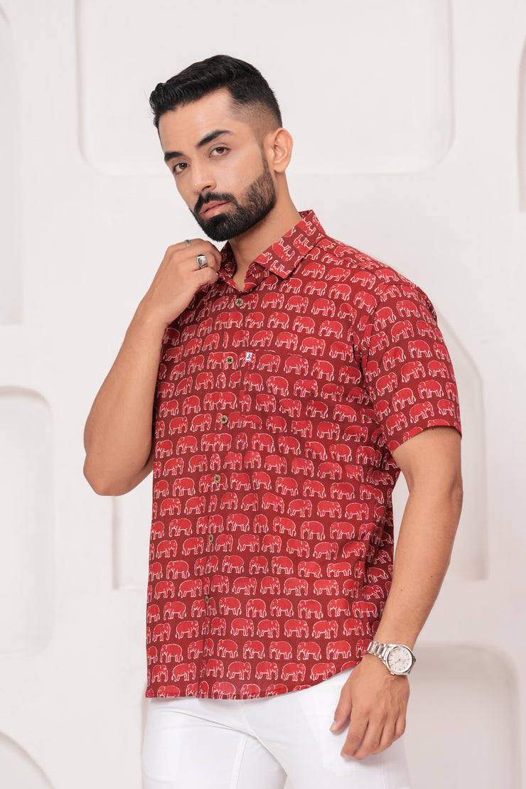 Men's Jaipur Red Elephant Print Shirt – Traditional Ethnic Design