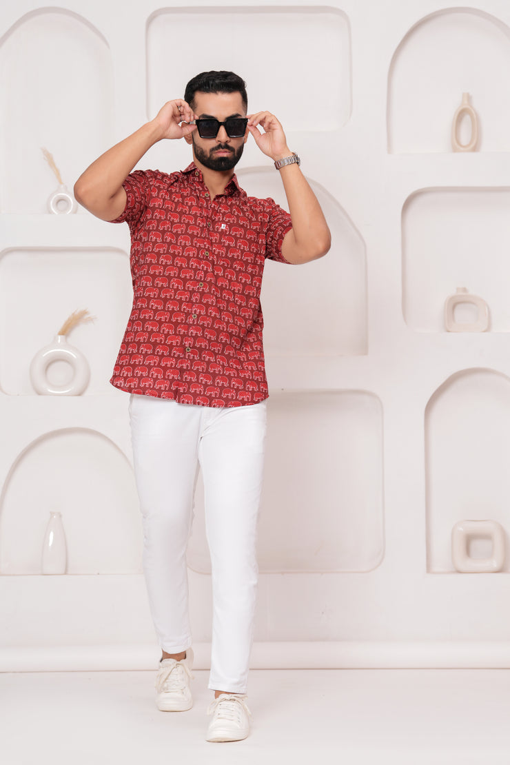 Men's Jaipur Red Elephant Print Shirt – Traditional Ethnic Design