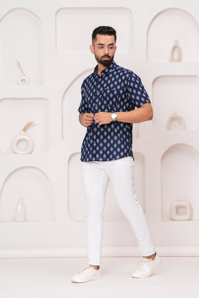 Men's Jaipur Indigo Print Shirt – Traditional Starburst Design