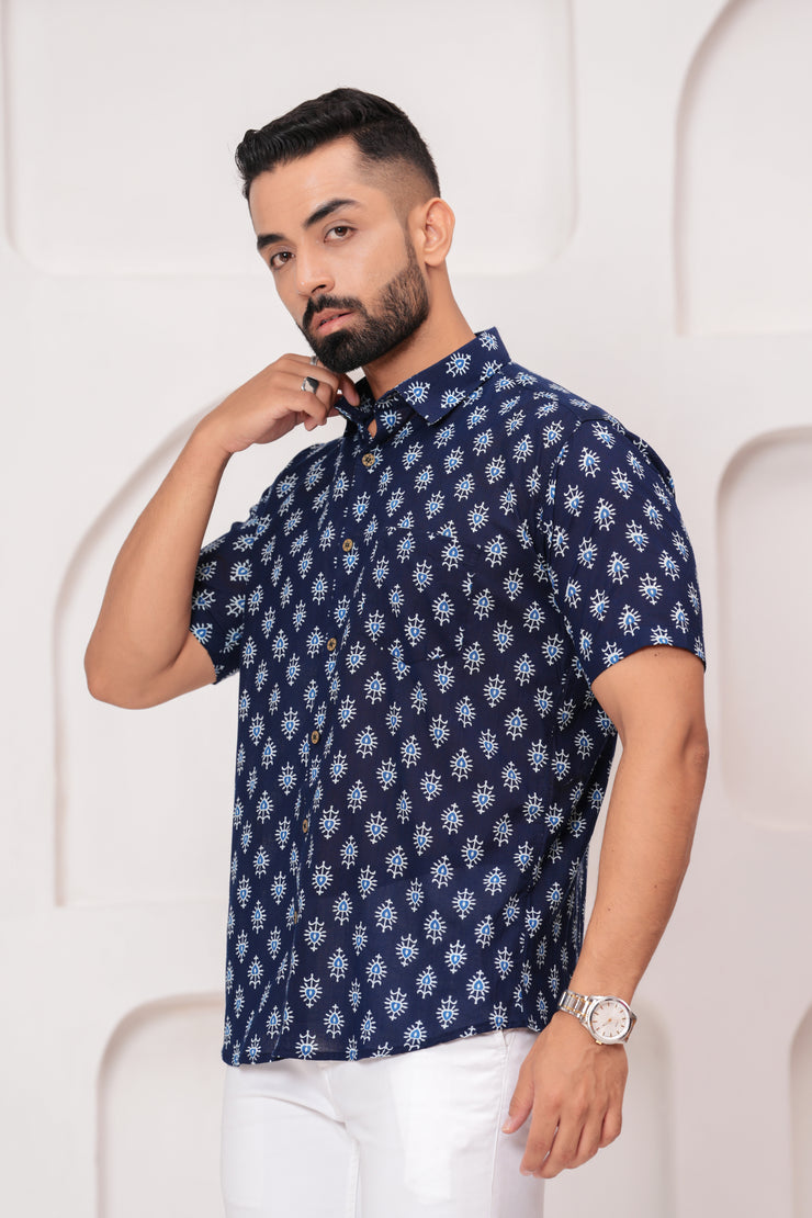 Men's Jaipur Indigo Print Shirt – Traditional Starburst Design