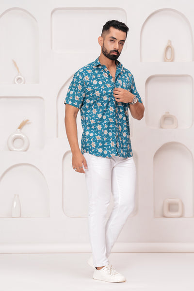 Men's Jaipur Teal Floral Print Shirt – Beige and White Botanical Design