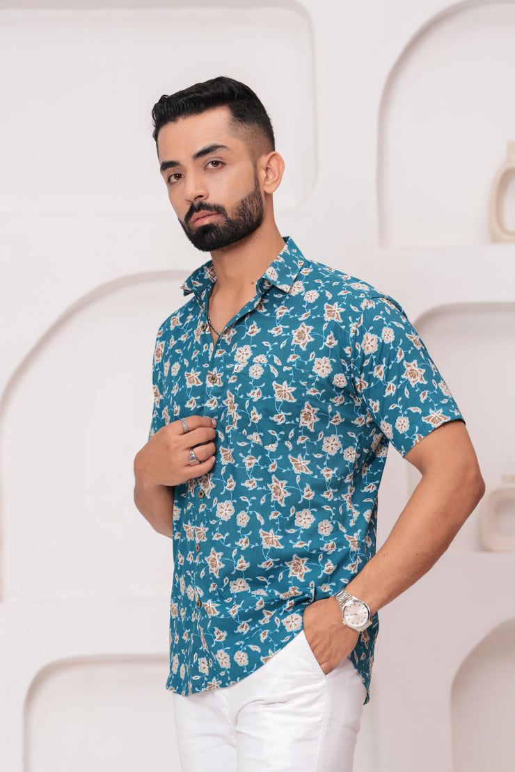 Men's Jaipur Teal Floral Print Shirt – Beige and White Botanical Design