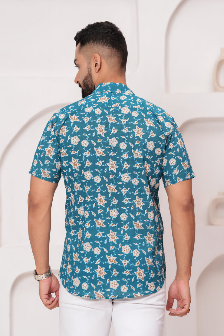 Men's Jaipur Teal Floral Print Shirt – Beige and White Botanical Design