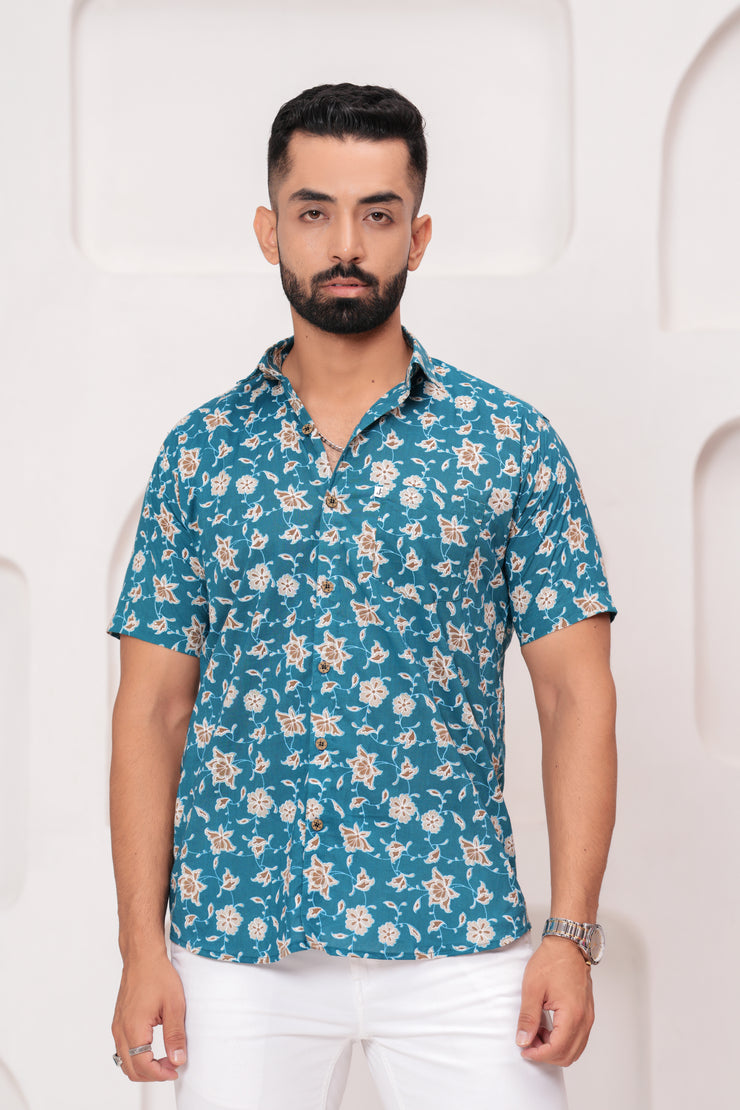 Men's Jaipur Teal Floral Print Shirt – Beige and White Botanical Design