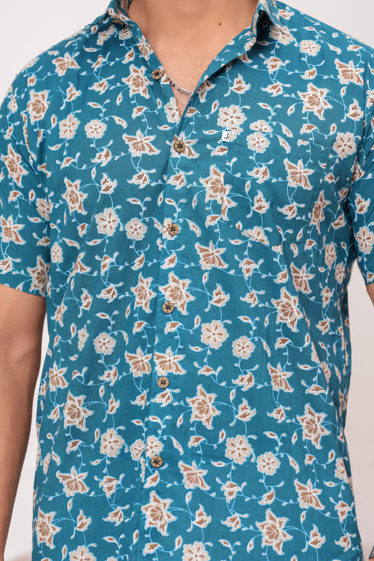 Men's Jaipur Teal Floral Print Shirt – Beige and White Botanical Design