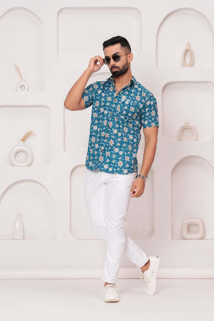 Men's Jaipur Teal Floral Print Shirt – Beige and White Botanical Design