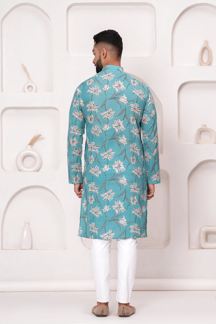 Men's Jaipur Turquoise Floral Print Kurta – Elegant White Botanical Design