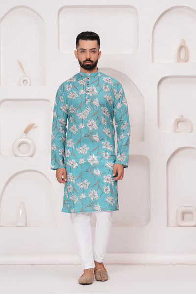 Men's Jaipur Turquoise Floral Print Kurta – Elegant White Botanical Design