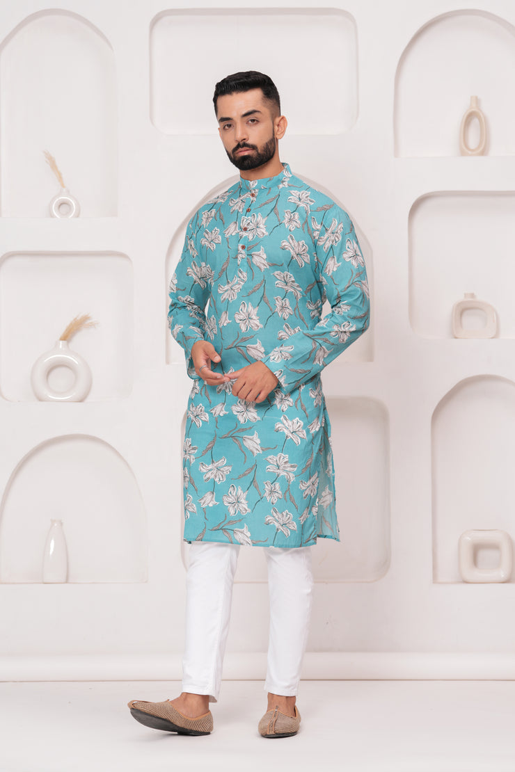 Men's Jaipur Turquoise Floral Print Kurta – Elegant White Botanical Design