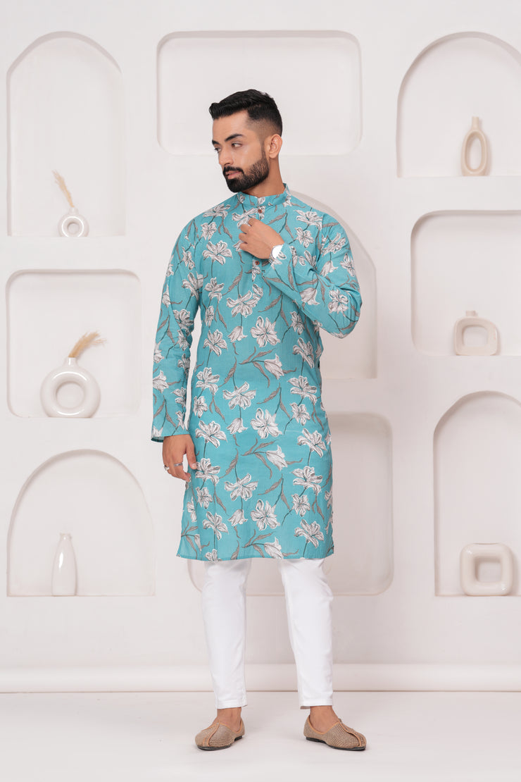 Men's Jaipur Turquoise Floral Print Kurta – Elegant White Botanical Design