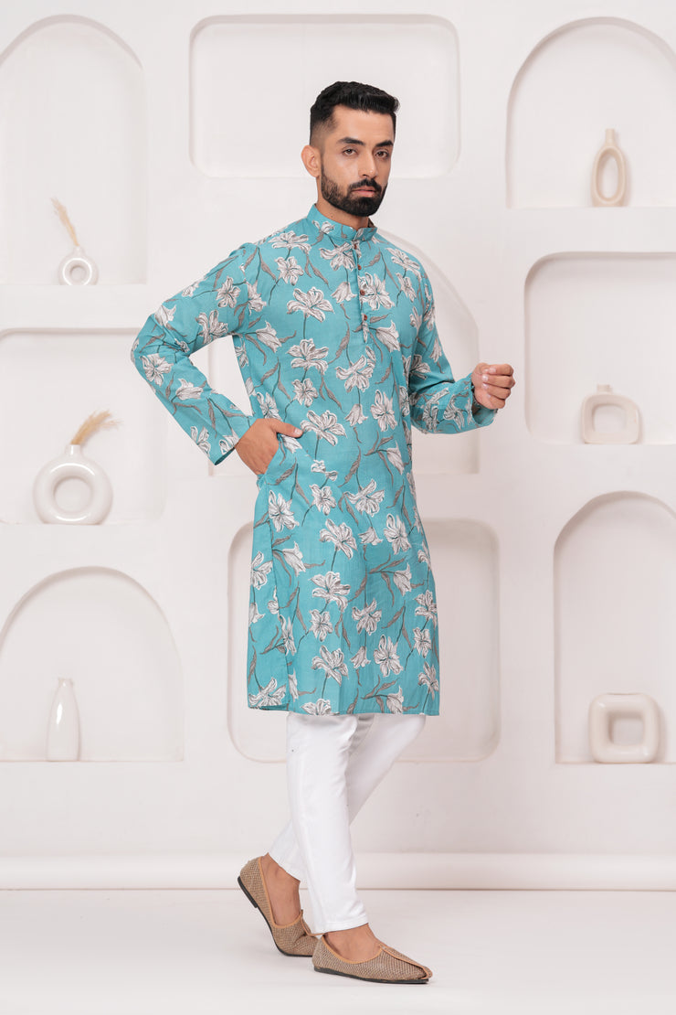 Men's Jaipur Turquoise Floral Print Kurta – Elegant White Botanical Design