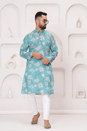 Men's Jaipur Turquoise Floral Print Kurta – Elegant White Botanical Design