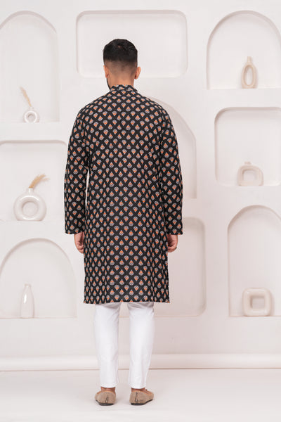 Men's Jaipur Black Kurta – Traditional Geometric Print