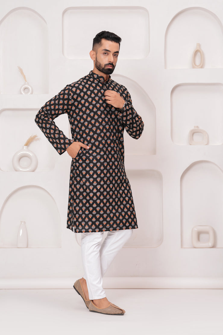 Men's Jaipur Black Kurta – Traditional Geometric Print