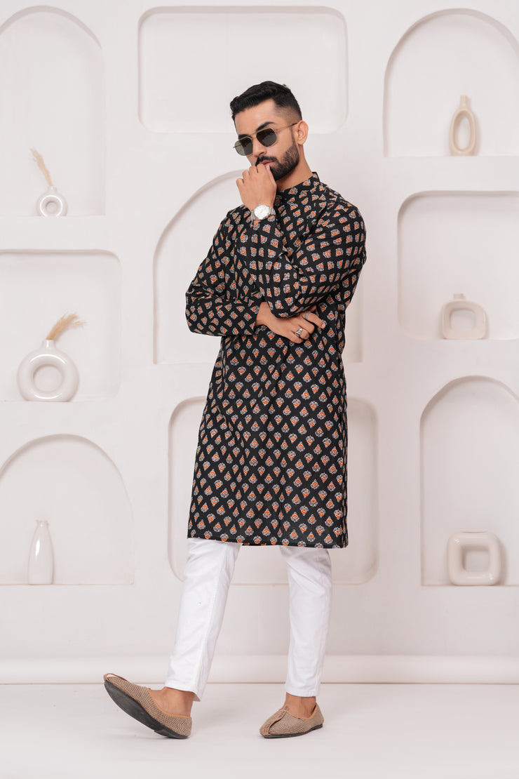 Men's Jaipur Black Kurta – Traditional Geometric Print