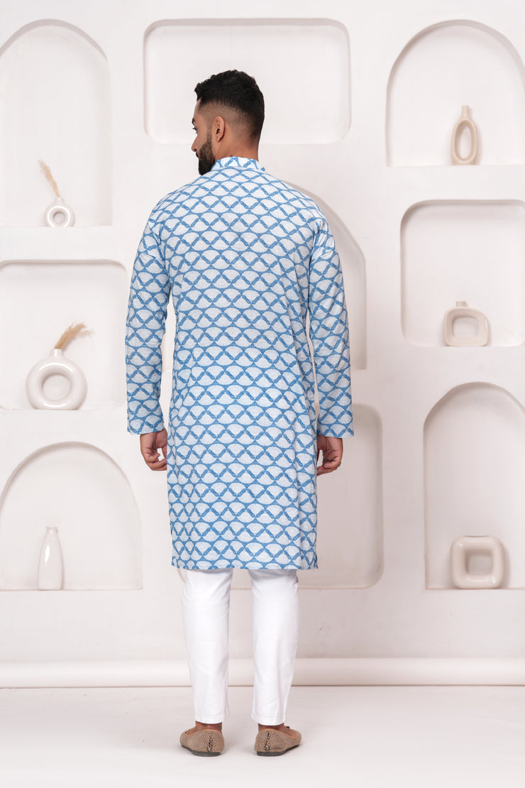 Men's Jaipur Blue Diamond Print Kurta – Traditional Pattern