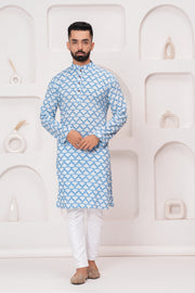 Men's Jaipur Blue Diamond Print Kurta – Traditional Pattern