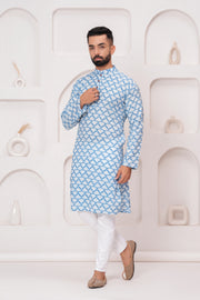 Men's Jaipur Blue Diamond Print Kurta – Traditional Pattern