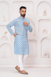 Men's Jaipur Blue Diamond Print Kurta – Traditional Pattern