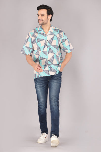 Men's Geometric Pattern Short Sleeve Button-Up Oversized Shirt