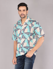 Men's Geometric Pattern Short Sleeve Button-Up Oversized Shirt