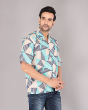 Men's Geometric Pattern Short Sleeve Button-Up Oversized Shirt