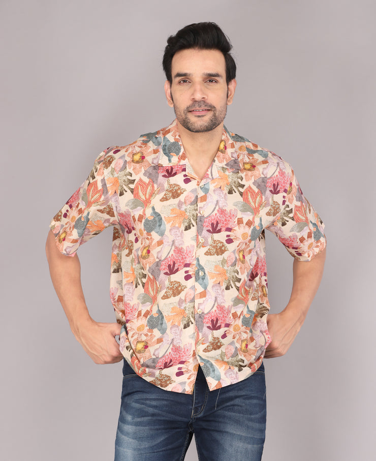 Men's Colorful Autumn Leaves Print Short Sleeve Shirt