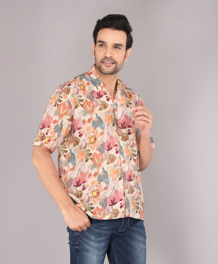 Men's Colorful Autumn Leaves Print Short Sleeve Shirt