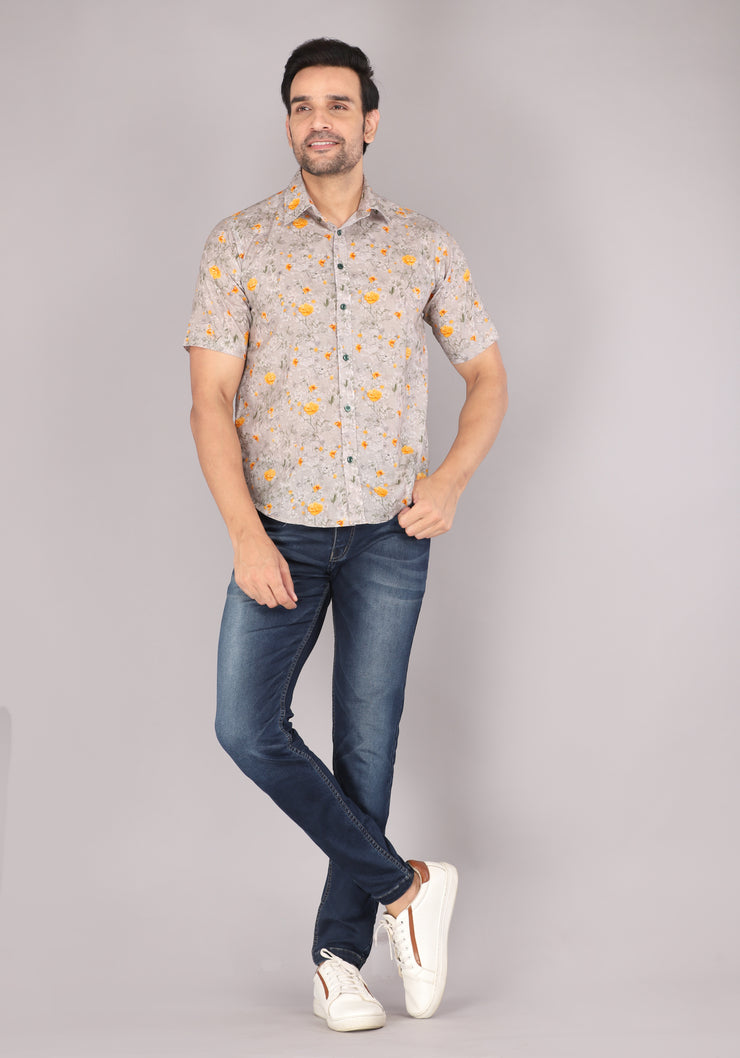 Men's Beige Floral Print Short Sleeve Shirt with Yellow Blooms