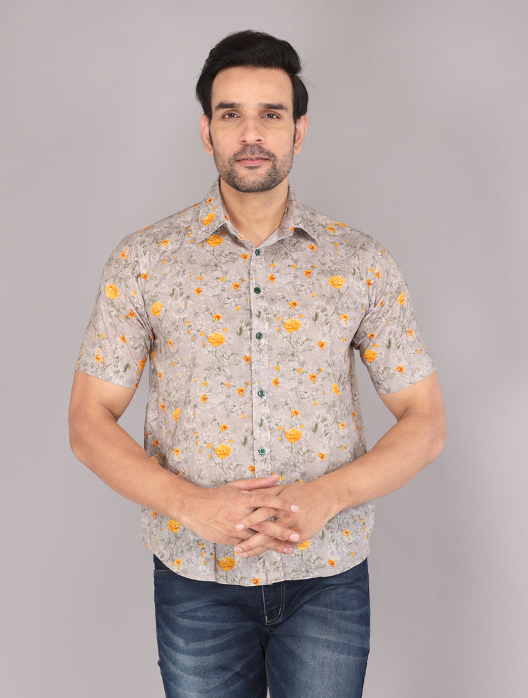 Men's Beige Floral Print Short Sleeve Shirt with Yellow Blooms