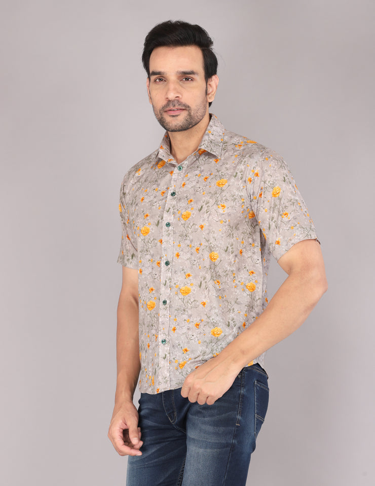 Men's Beige Floral Print Short Sleeve Shirt with Yellow Blooms