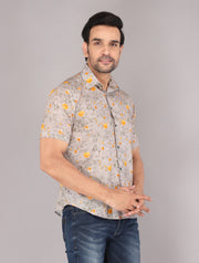 Men's Beige Floral Print Short Sleeve Shirt with Yellow Blooms