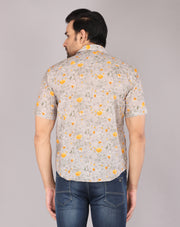 Men's Beige Floral Print Short Sleeve Shirt with Yellow Blooms