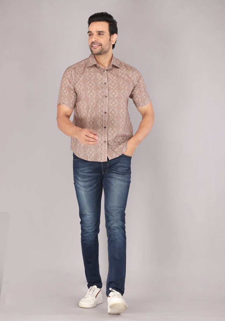 Men's Classic Beige Printed Short Sleeve Shirt